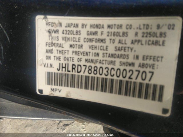 2003 HONDA CR-V EX VIN: JHLRD78803C002707