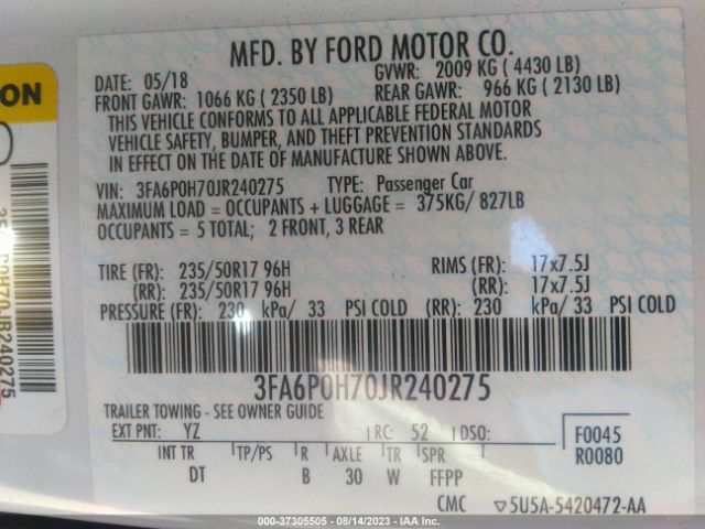 3FA6P0H70JR240275 Ford FUSION SE