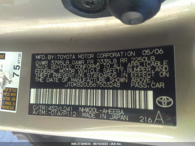 2006 TOYOTA PRIUS VIN: JTDKB20U567503248