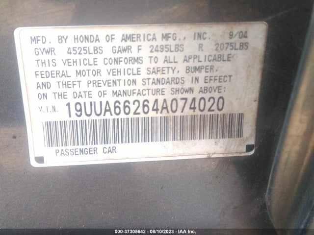2004 ACURA TL VIN: 19UUA66264A074020