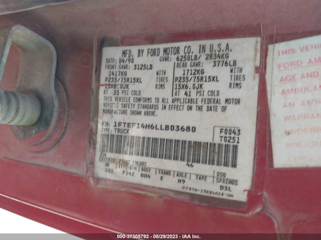 1990 FORD F150 VIN: 1FTEF14H6LLB03680