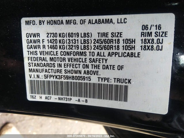 Honda Ridgeline Rtl 2017 5FPYK3F59HB005915 Image 9