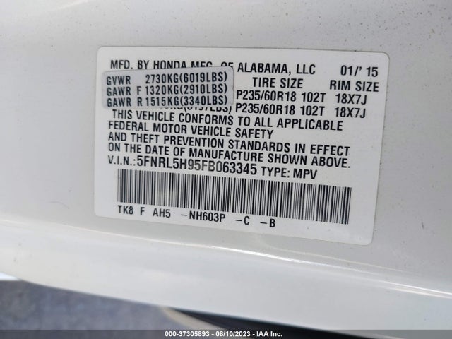 Honda Odyssey Touring 2015 5FNRL5H95FB063345 Image 9
