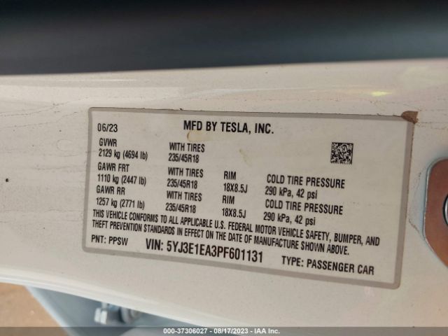5YJ3E1EA3PF601131 Tesla MODEL 3