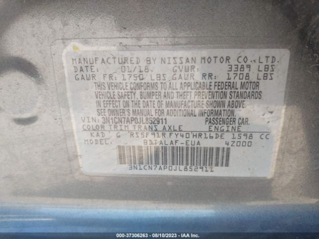3N1CN7AP0JL852911 Nissan Versa Sedan S