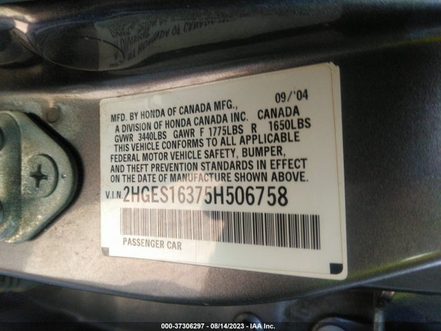 2005 HONDA CIVIC SDN VP VIN: 2HGES16375H506758