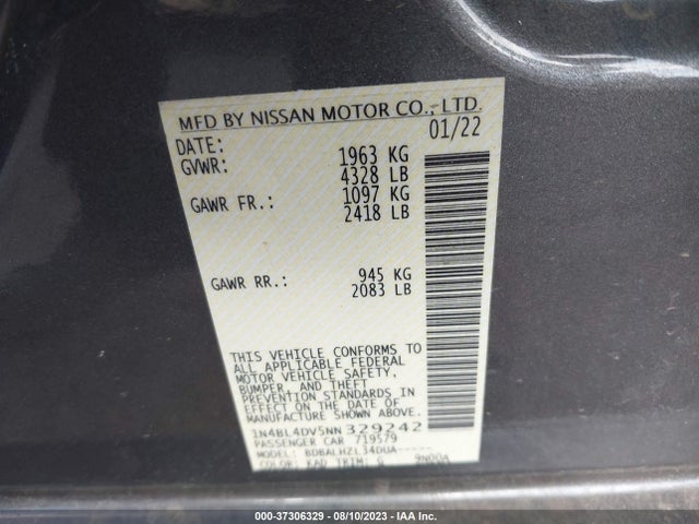 2022 NISSAN ALTIMA 2.5 SV VIN: 1N4BL4DV5NN329242
