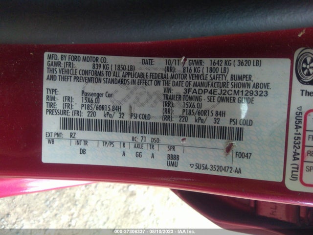 2012 FORD FIESTA SE VIN: 3FADP4EJ2CM129323