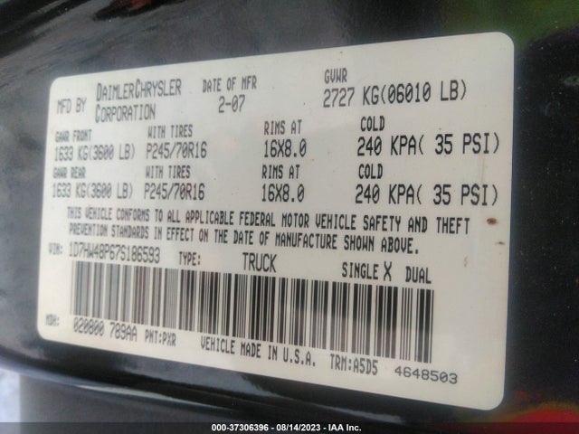 2007 DODGE DAKOTA SLT VIN: 1D7HW48P67S186593