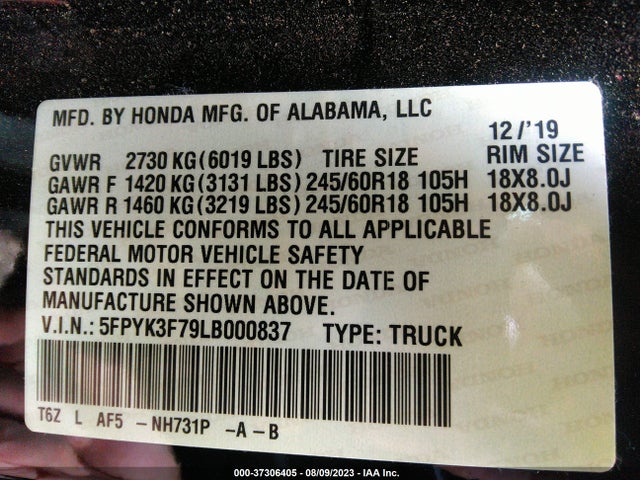 Honda Ridgeline Rtl-e 2020 5FPYK3F79LB000837 Image 9