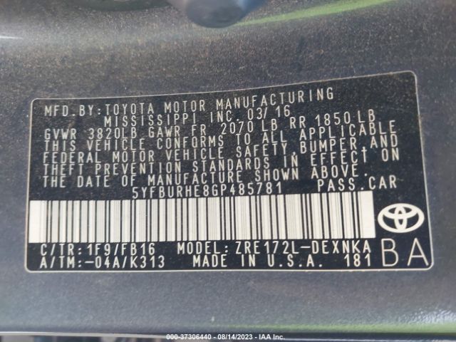 5YFBURHE8GP485781 Toyota COROLLA LE