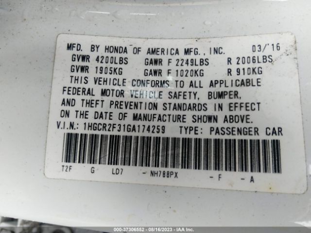 1HGCR2F31GA174259 Honda Accord Sedan Lx