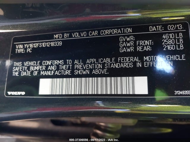 2013 VOLVO S60 T5 VIN: YV1612FS1D1218339