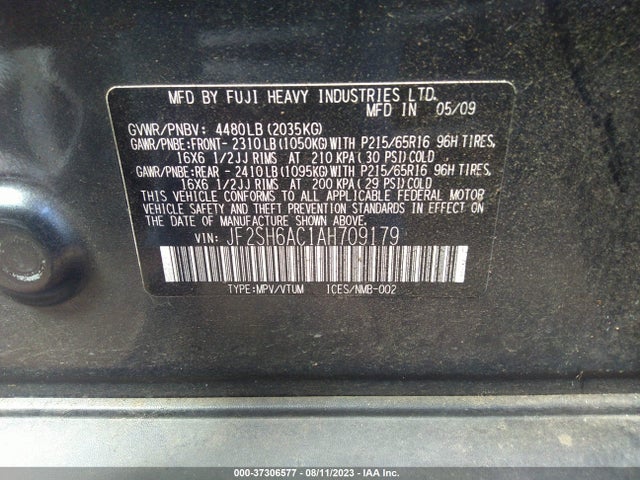37306577 :رقم المزاد ، JF2SH6AC1AH709179 vin ، 2010 Subaru Forester 2.5x مزاد بيع