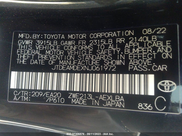 2022 TOYOTA COROLLA HYBRID LE VIN: JTDEAMDEXNJ061972