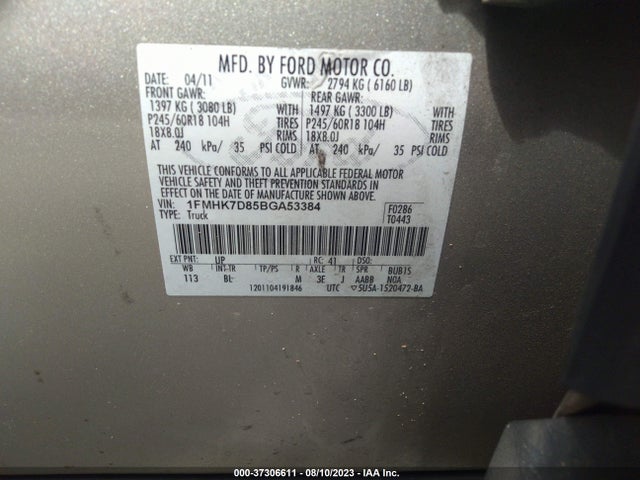 2011 FORD EXPLORER XLT VIN: 1FMHK7D85BGA53384