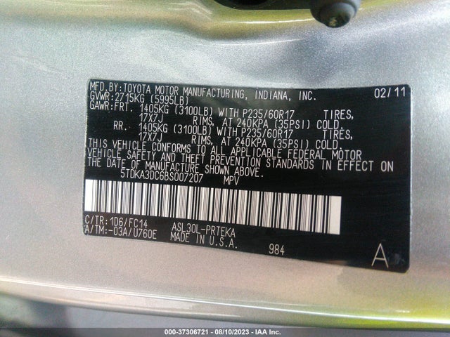 2011 TOYOTA SIENNA VIN: 5TDKA3DC6BS007207