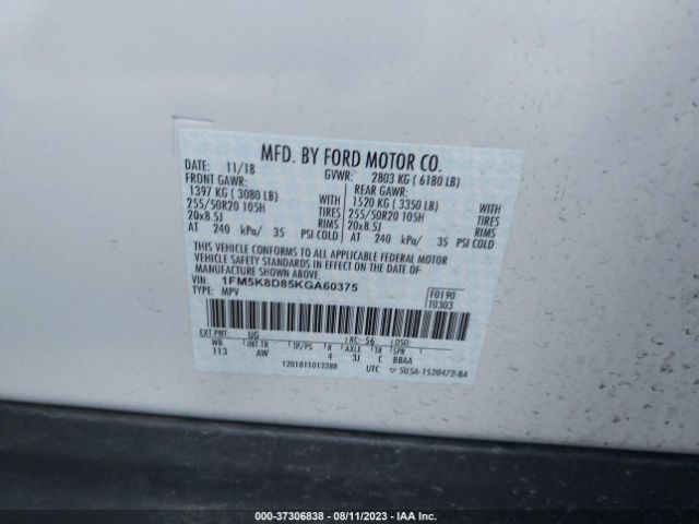 1FM5K8D85KGA60375 Ford EXPLORER XLT
