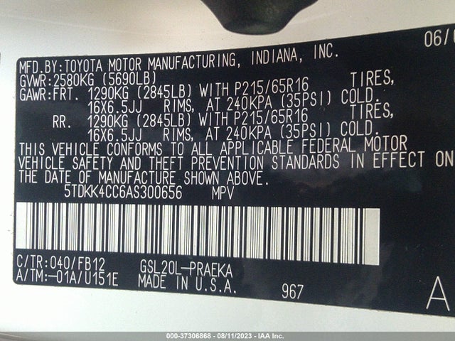 2010 TOYOTA SIENNA CE/LE VIN: 5TDKK4CC6AS300656