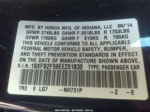 Honda Civic Sedan Lx 2014 19XFB2F59EE251830 Image 9
