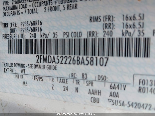 2006 FORD FREESTAR WAGON SEL VIN: 2FMDA52226BA58107