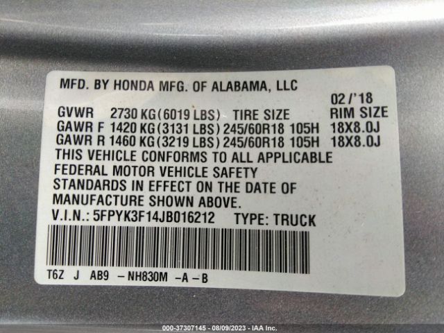5FPYK3F14JB016212 Honda Ridgeline Sport