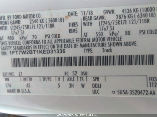 1FT7W2BT1KED31336 Ford Super Duty F-250 Srw Xl/xlt/lariat