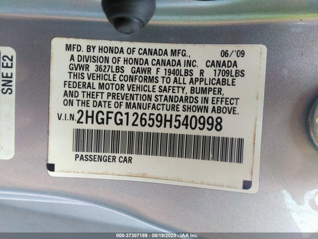2009 HONDA CIVIC CPE LX VIN: 2HGFG12659H540998