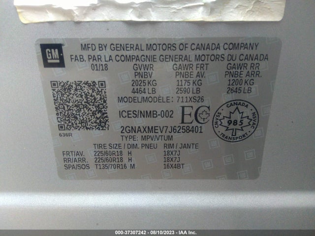 2018 CHEVROLET EQUINOX PREMIER VIN: 2GNAXMEV7J6258401