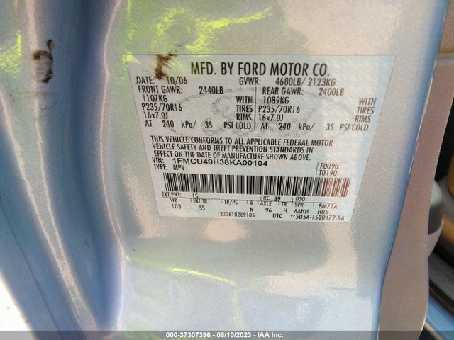 2008 FORD ESCAPE HYBRID VIN: 1FMCU49H38KA00104