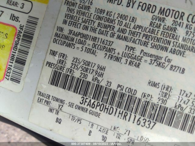 3FA6P0HD1HR116337 Ford FUSION SE