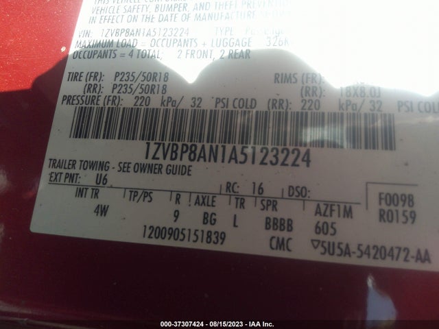 37307424 :رقم المزاد ، 1ZVBP8AN1A5123224 vin ، 2010 Ford Mustang V6 مزاد بيع