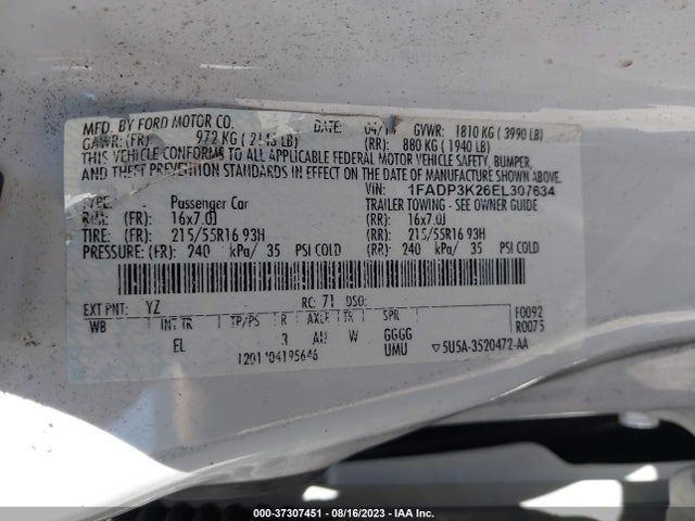 2014 FORD FOCUS SE VIN: 1FADP3K26EL307634