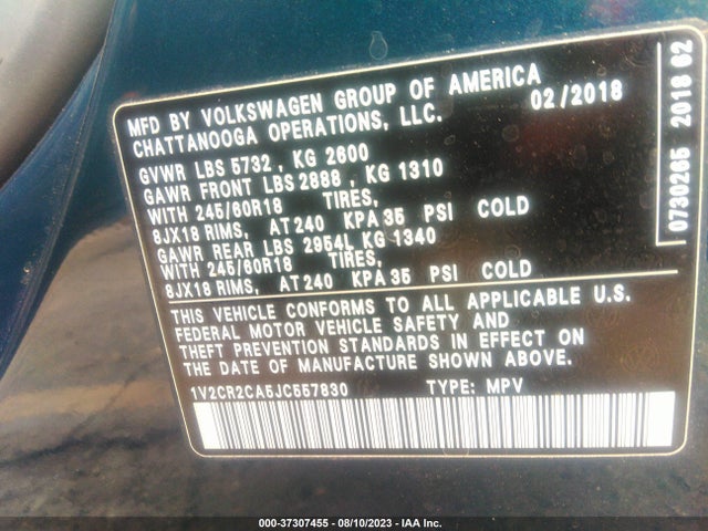 1V2CR2CA5JC557830 Volkswagen Atlas 3.6l V6 Se