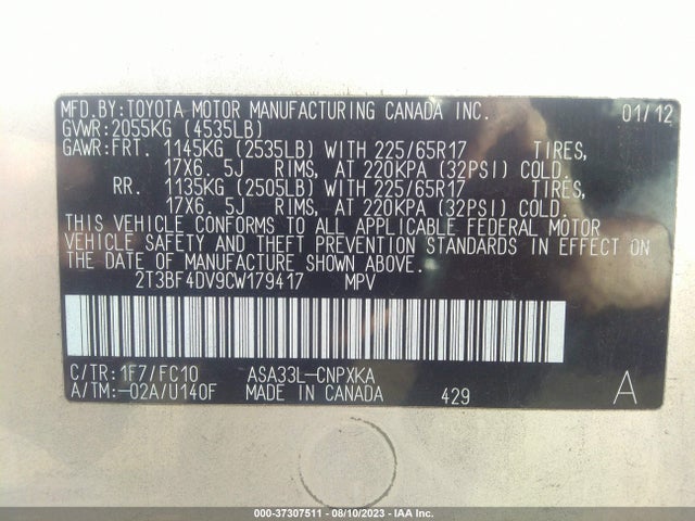 2012 TOYOTA RAV4 VIN: 2T3BF4DV9CW179417