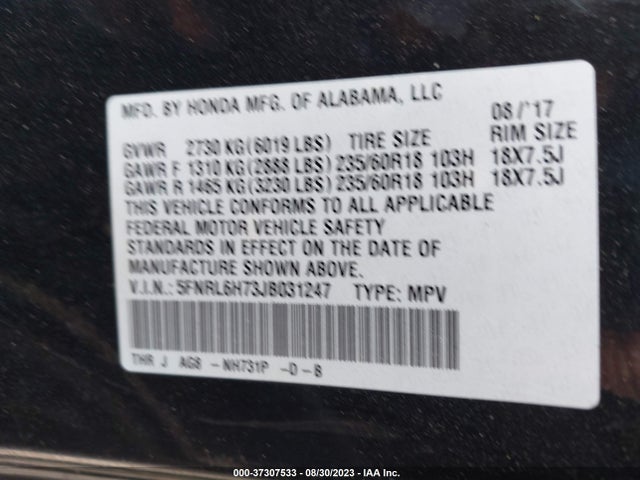 Honda Odyssey Ex-l 2018 5FNRL6H73JB031247 Image 9
