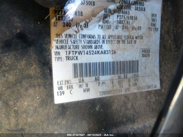 2004 FORD F-150 XLT/FX4/LARIAT VIN: 1FTPW14524KA83126
