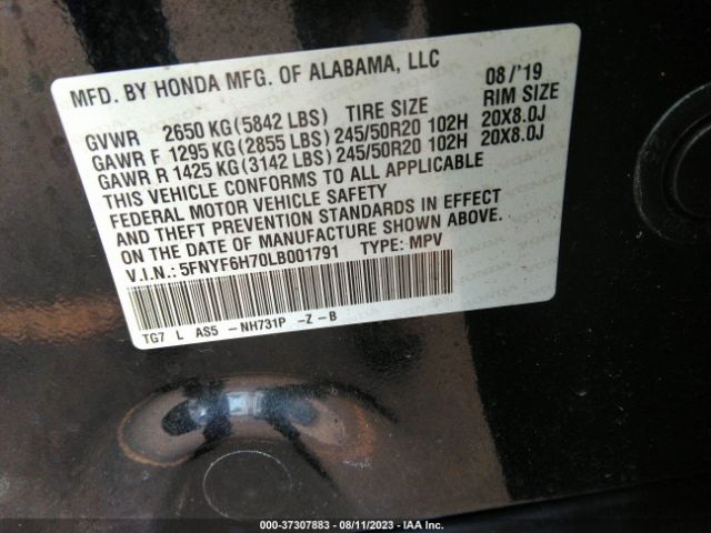 5FNYF6H70LB001791 Honda Pilot Black Edition