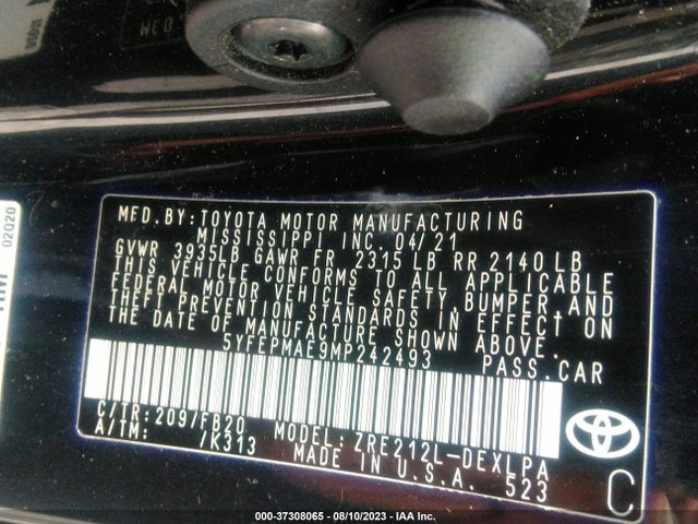 Toyota COROLLA LE 2021 5YFEPMAE9MP242493 Image 9