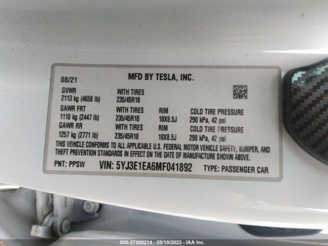 5YJ3E1EA6MF041892 Tesla Model 3 Standard Range Plus