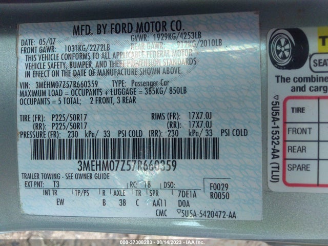 2007 MERCURY MILAN VIN: 3MEHM07Z57R660359