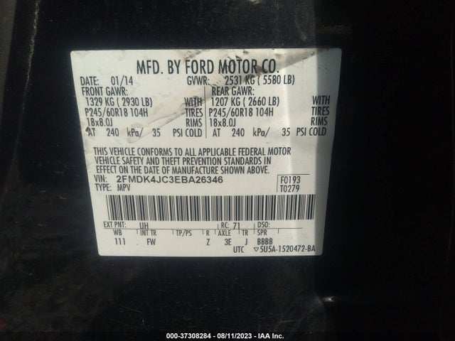 2014 FORD EDGE SEL VIN: 2FMDK4JC3EBA26346