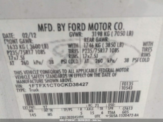 2012 FORD F-150 XL/XLT/FX2/LARIAT VIN: 1FTFX1CT0CKD38427