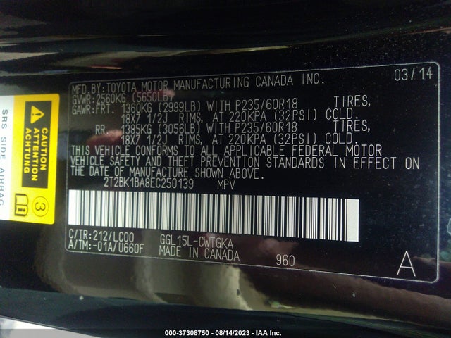 2T2BK1BA8EC250139 Lexus RX 350