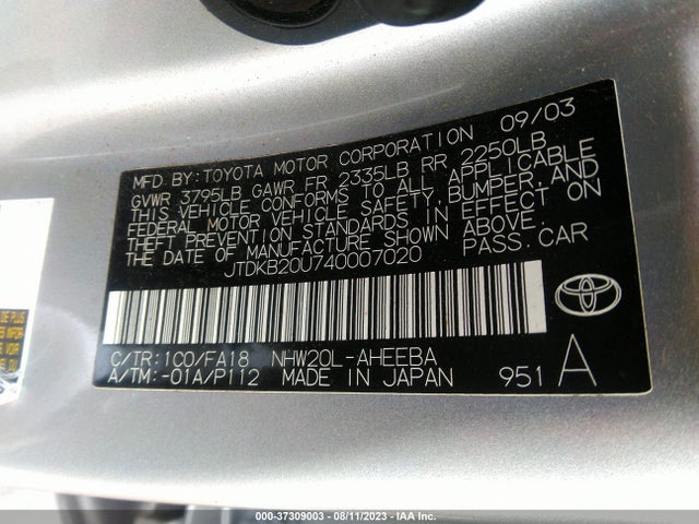 2004 TOYOTA PRIUS VIN: JTDKB20U740007020