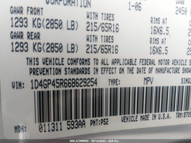 2006 DODGE CARAVAN SXT VIN: 1D4GP45R66B629254