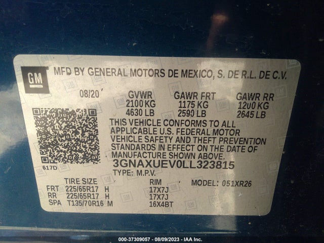 Chevrolet EQUINOX LT 2020 3GNAXUEV0LL323815 Image 9