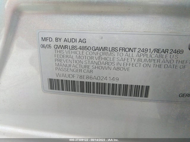 2006 AUDI A4 2.0T VIN: WAUDF78E86A024149