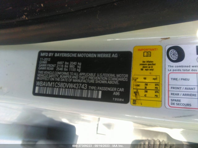 2013 BMW X1 28I VIN: WBAVM1C58DVW43743