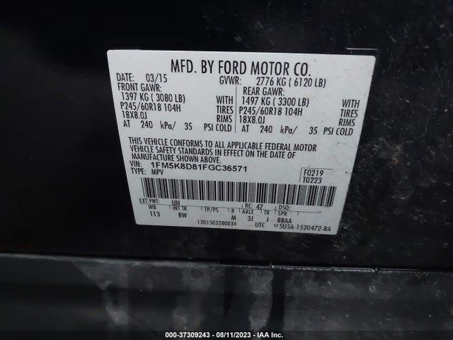 2015 FORD EXPLORER XLT VIN: 1FM5K8D81FGC36571